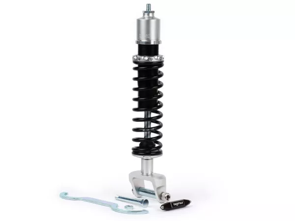 Stoßdämpfer hinten BGM PRO SC/R1 SPORT, 330mm schwarz/silbern für Vespa PX80, PX125, PX150, PX200, T5 125cc, Rally180 , Rally200 , Sprint150 , TS125 , GT125 , GTR15 , V50, PV, ET3
