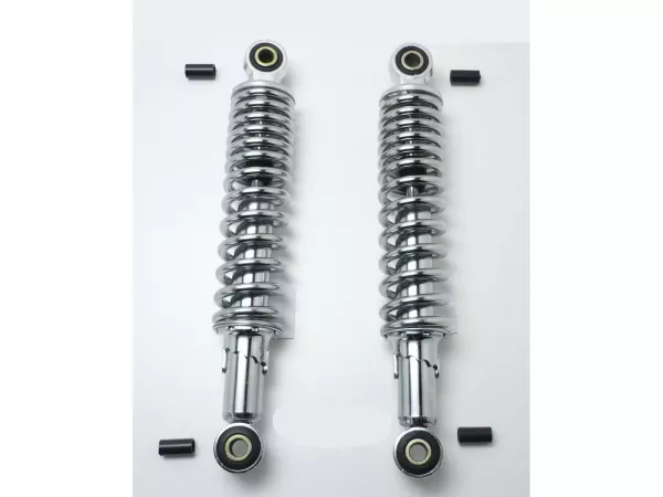 Stoßdämpfer Satz Chrom 310mm 5-fach einstellbar 10mm Kunststoffadapter 8mm für Kreidler, Zündapp, Hercules, Puch