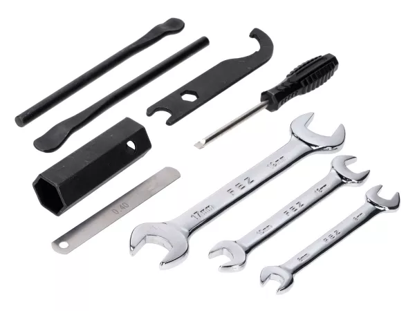 Bordwerkzeug Satz 2 Reifenmontierhebel 0,40mm Fühlerlehre Gabelschlüssel 8/9mm 10/13mm 17/19mm für Zündapp, Kreidler, Hercules Prima M MK K KX, Simson, Puch Puch, Miele, DKW, KTM, Rixe, Sachs, Piaggio Ciao