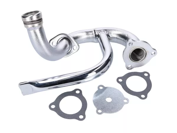 Auspuffkrümmer Chrom mit Staurohr und Drossel für Aprilia SX, RX, Derbi Senda, Gilera RCR, SMT
