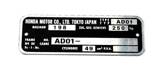 Honda MT 50 Typ AD01 Typen Schild 