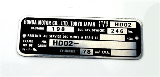 Honda MT 80 Typ HD02 Typen Schild 