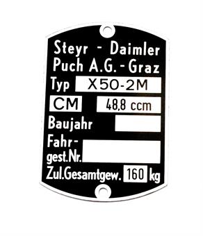 Puch X 50 - 2M Rahmen Typenschild Typ Schild Original 
