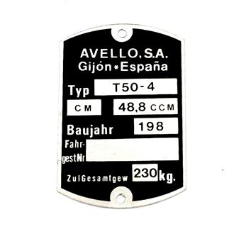Avello T50 - 4 Rahmen Typenschild Typ Schild Original 