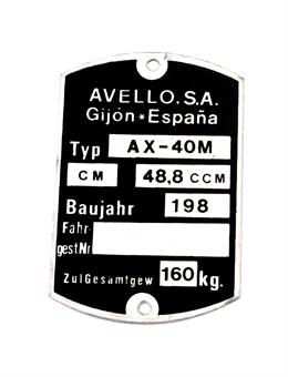 Avello AX - 40 M Rahmen Typenschild Typ Schild Original 