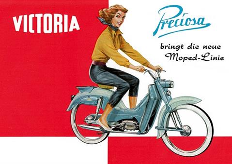 Victoria bringt die neue Moped Linie Preciosa Werbe Plakat 50er Jahre 