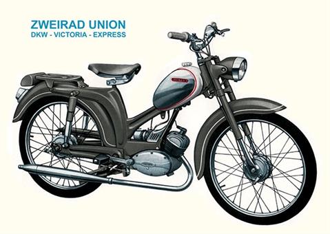 Zweirad Union DKW Victoria Express Typ 110 Mofa Moped Werbe Plakat  50er Jahre 