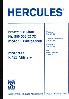 Hercules K 125 BW Bundeswehr Krad Military Ersatzteil Liste Katalog 
